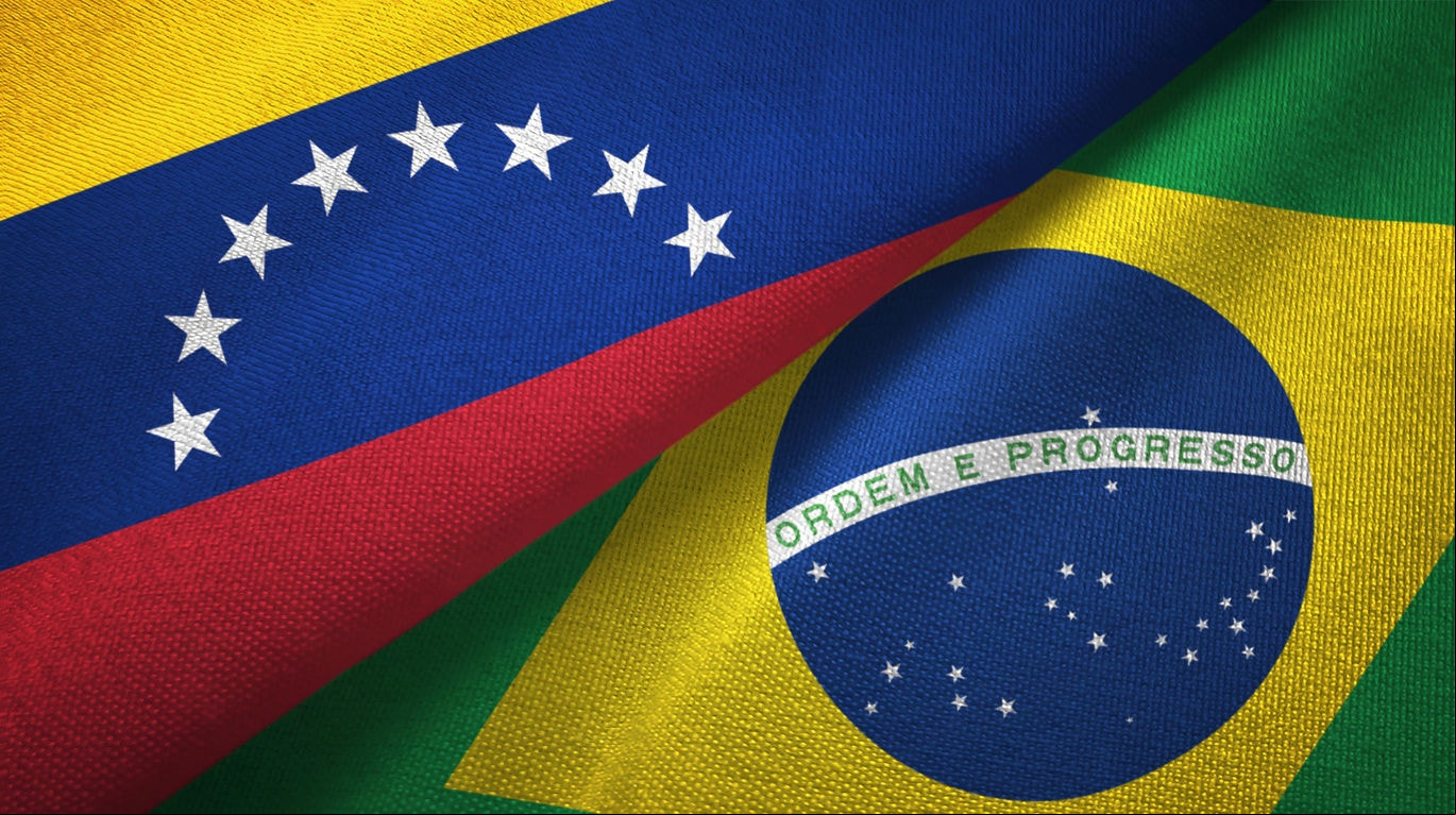 Venezuela and Brazil flags together relations textile cloth, fabric texture