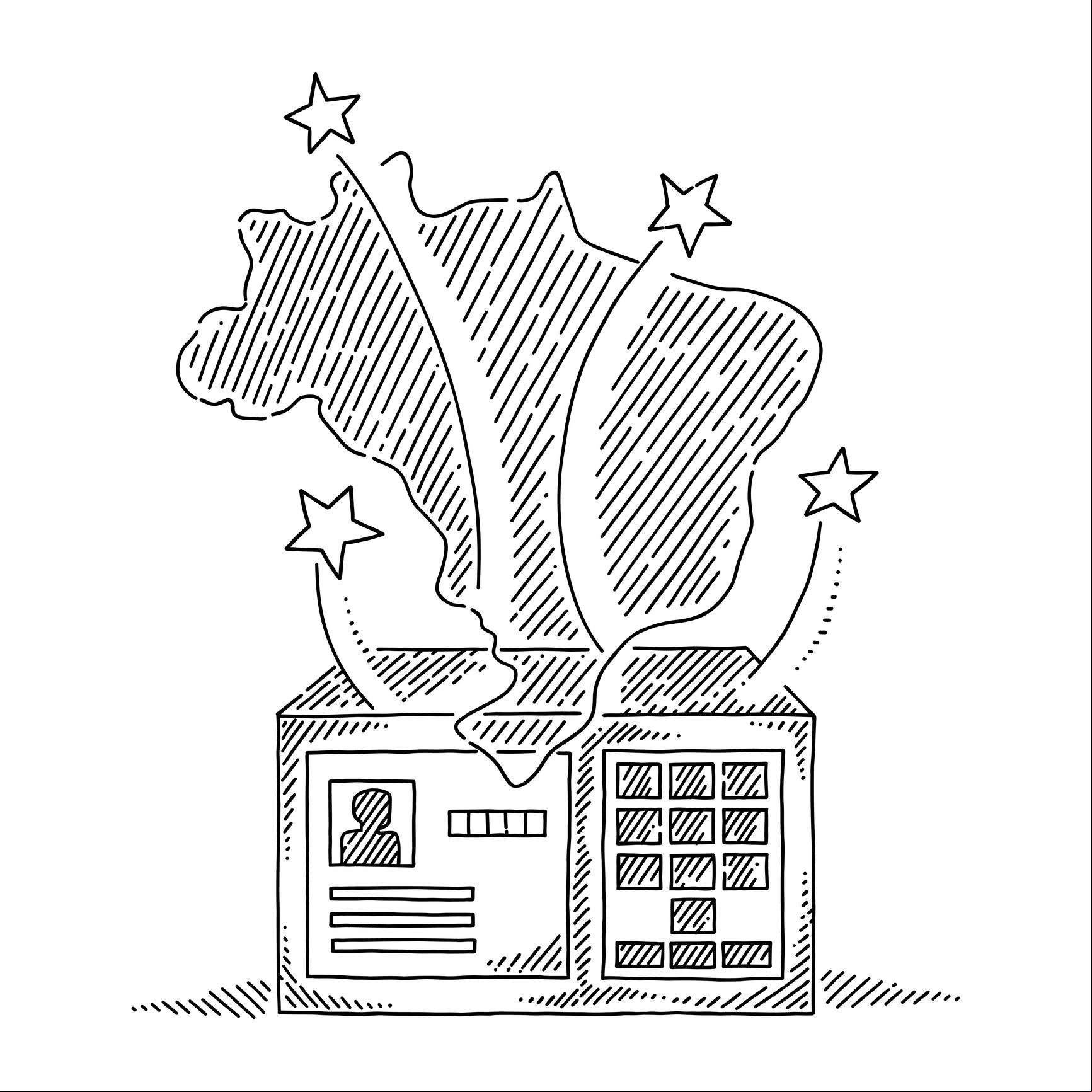 Brazil voting machine with map design and flying stars with black stroke on white background