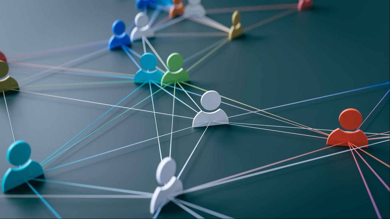 A concept that expresses the hyper-connected society of modern society by connecting people icons with lines, 3d rendering.
