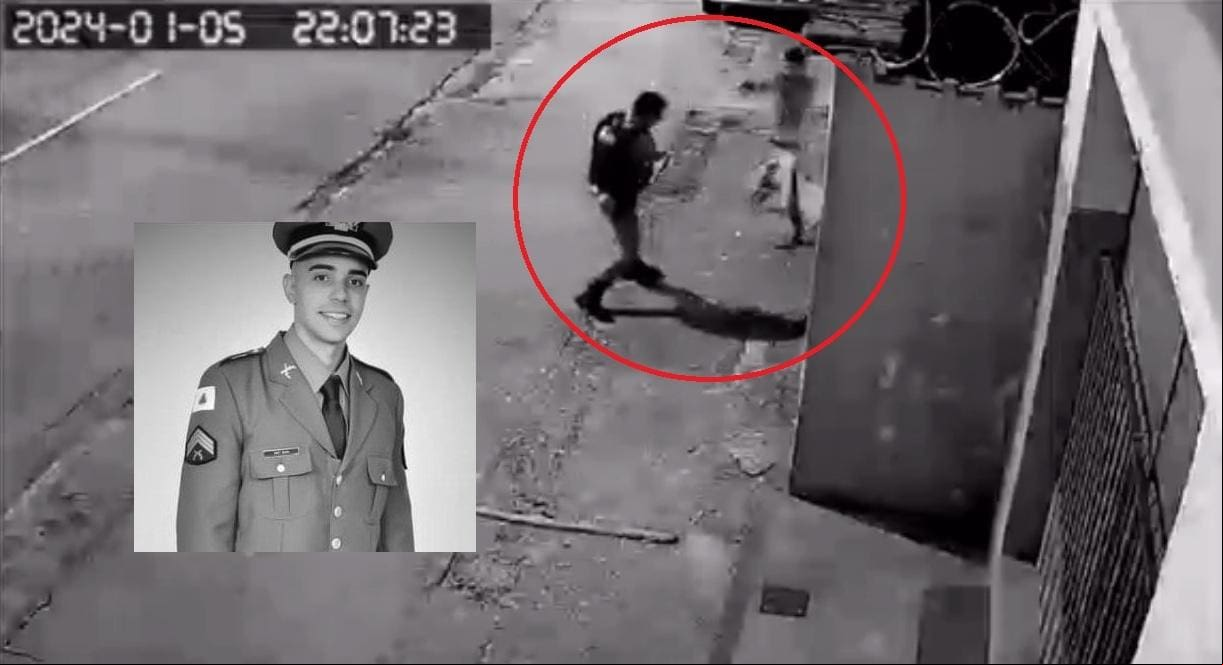 Foto mostra o momento em que o militar foi baleado e, no detalhe, o rosto do sargento Dias O policial militar teve a morte cerebral confirmada na noite de domingo (7)