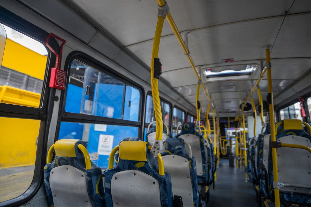 Inside the bus sitting at the back of public transport in the Brazilian city of Mogi das Cruzes