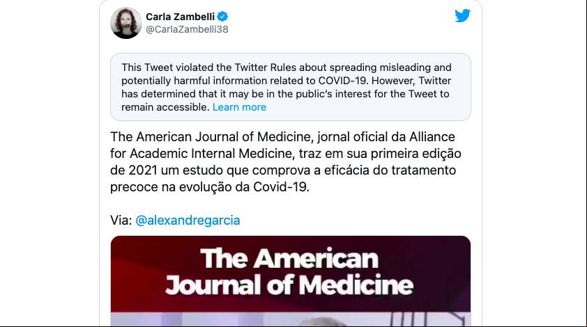 Tuíte de Carla Zambelli foi sinalizado pelo Twitter como enganoso