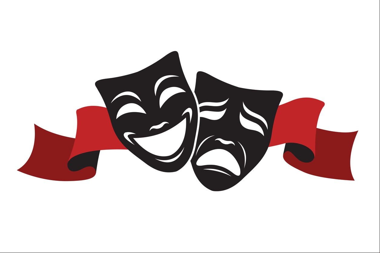 icon of comedy and tragedy theatrical masks with ribbon isolated on white background
