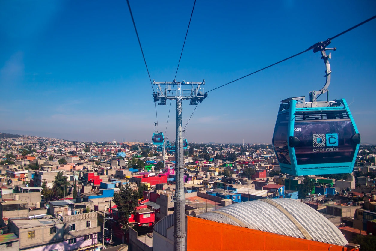 View of the Iztapalapa neighborhood from the Cablebús, a gondola lift, aerial tram and part of the city's public transportation system.