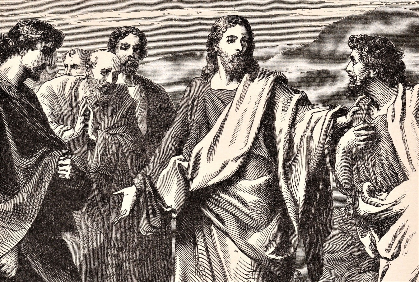 Reprodução de gravura sobre Jesus ao lado de seus apóstolos 